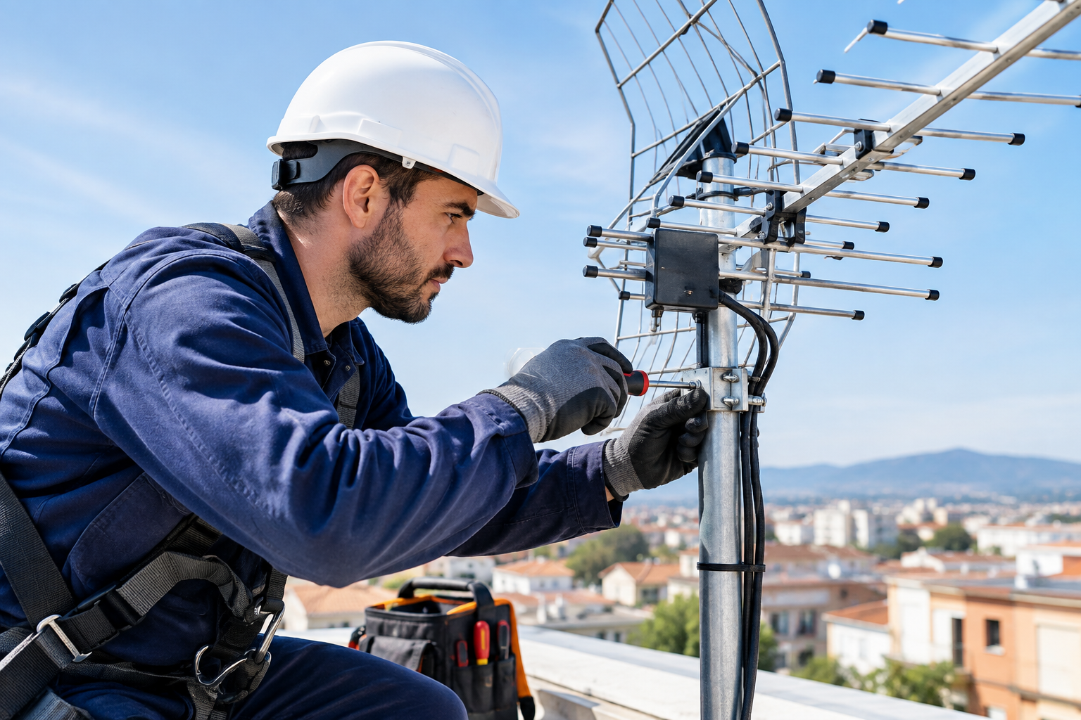 Antena de televisión instalada en la cubierta de una vivienda