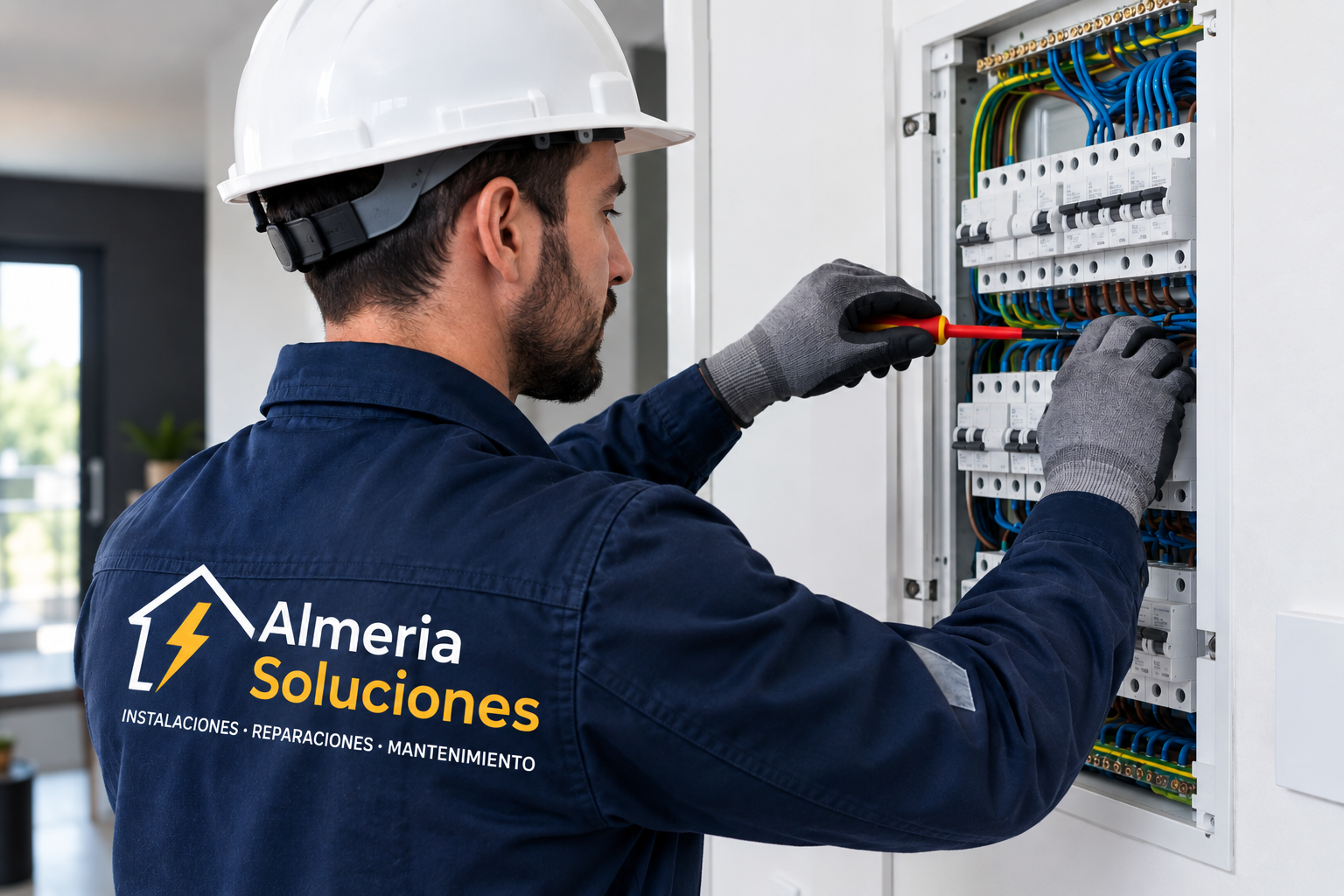 Electricista profesional revisando un cuadro eléctrico en una vivienda